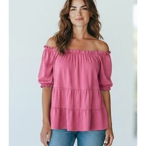 Love Fire Peasant Top NEW Boho Casual Pink Size XL Peplum Puffy Short Sleeves